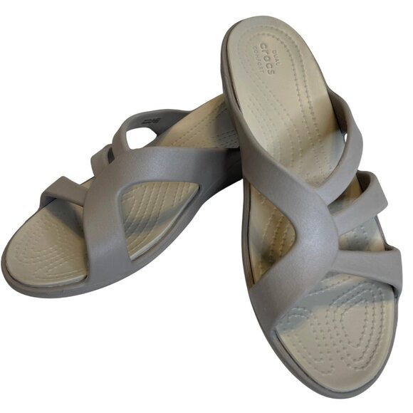 Crocs Sandal Wedge Strap Slides Slip on Water Shoes Flip Flop Size 10 Khaki Tan - Picture 1 of 8
